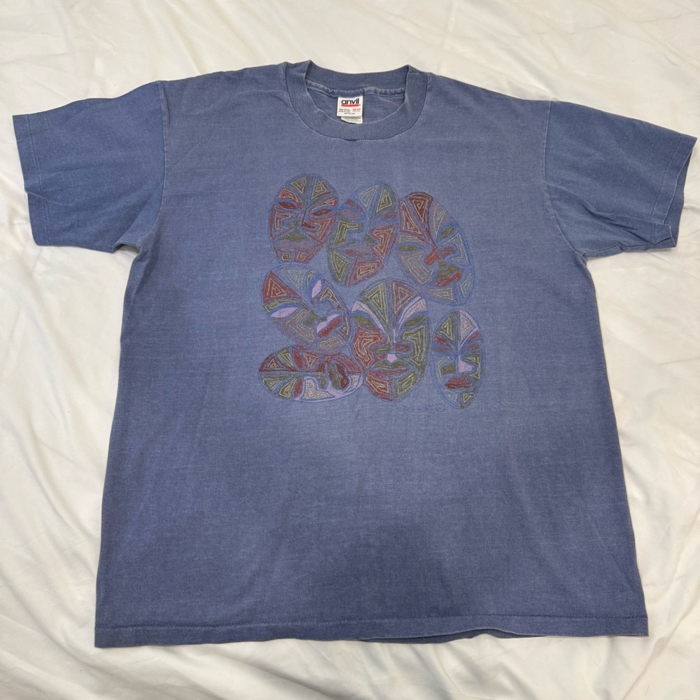 Vintage 90s Anvil Blue Overdyed Mask Graphic T-Shirt Made in USA One Size Fits